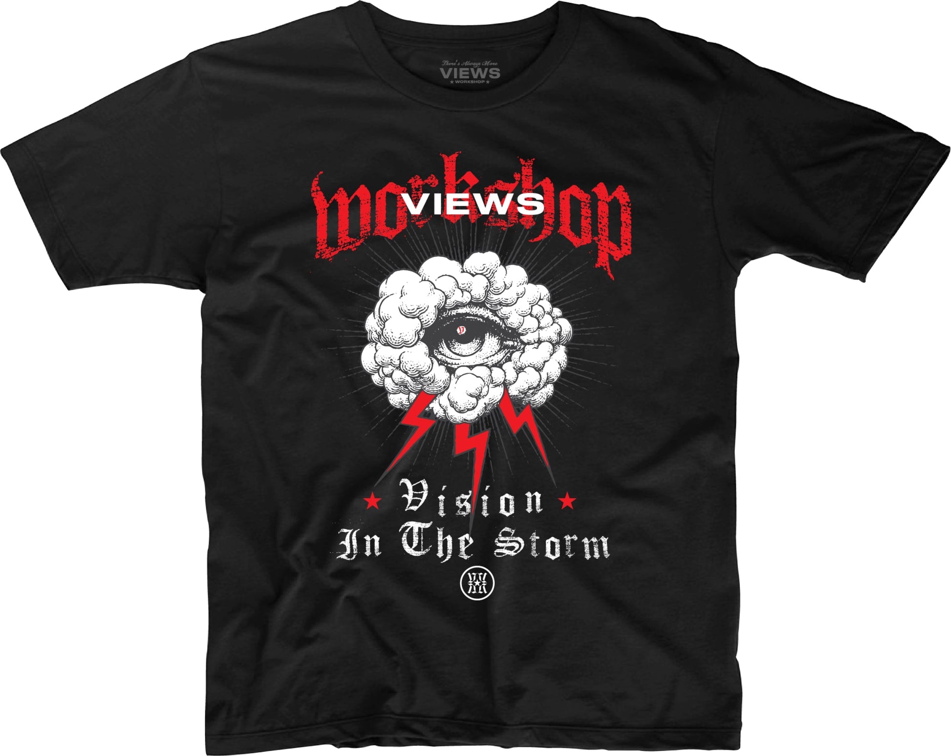 Black t-shirt with graphic design and text on a white background