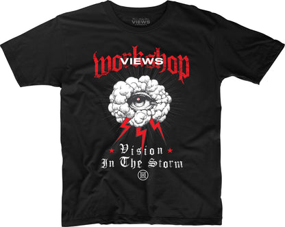 Black t-shirt with graphic design and text on a white background